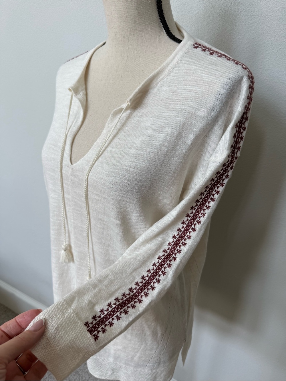 LOFT Cream Lightweight Sweater with Embroidery